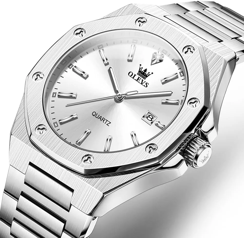 OLEVS Mens Watches Octagonal Luxury Stainless Steel Dress Watches for Men Quartz Analog Large Face Luminous Relojes para Hombres