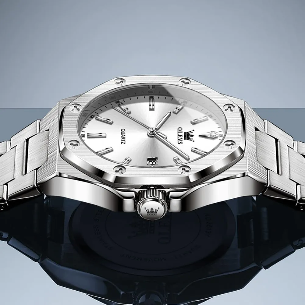 OLEVS Mens Watches Octagonal Luxury Stainless Steel Dress Watches for Men Quartz Analog Large Face Luminous Relojes para Hombres