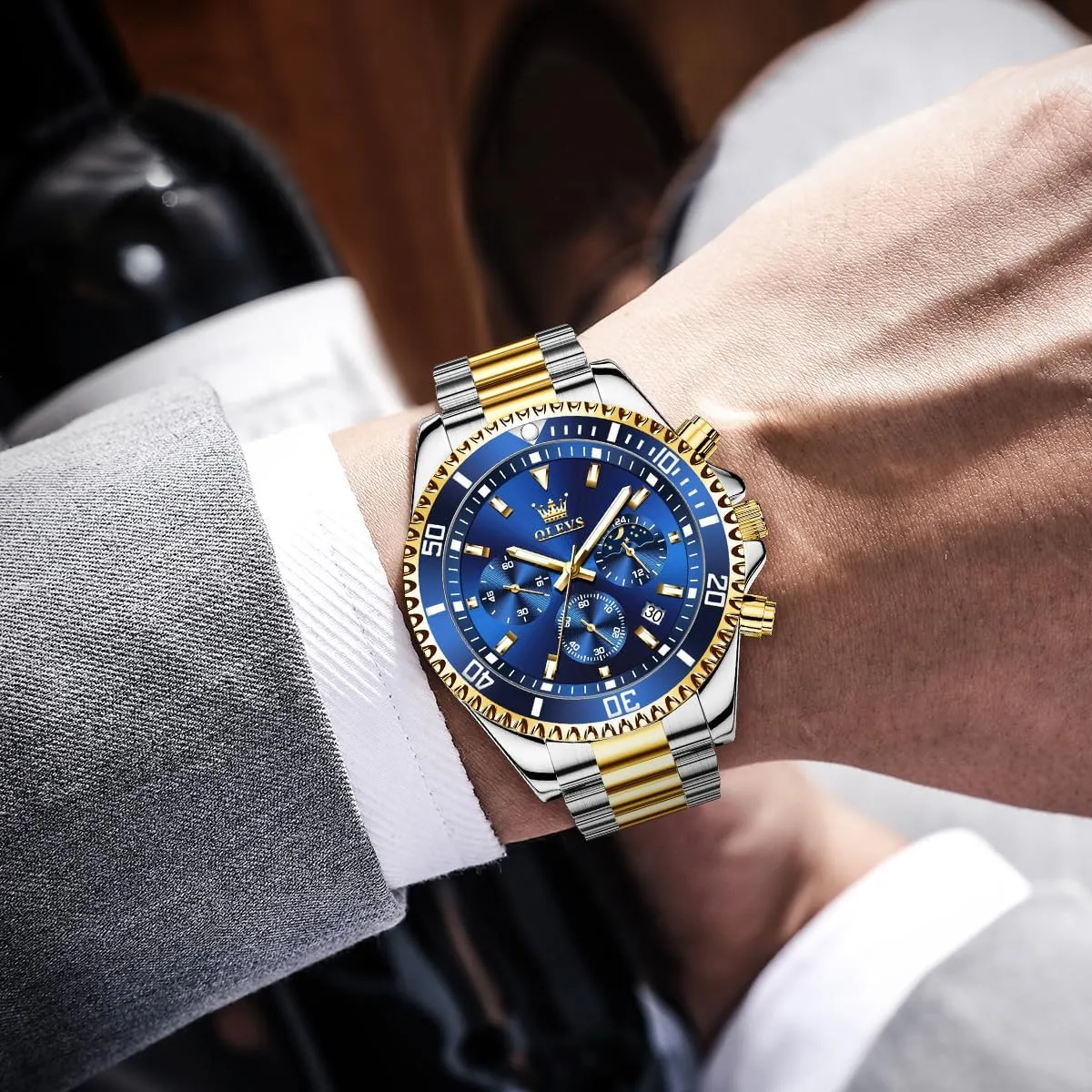OLEVS Men's Waterproof Watches Stainless Steel Waterproof Chronograph Wrist Watches Luxury Dress White Luminous Big Face Analog Quartz Male Watches