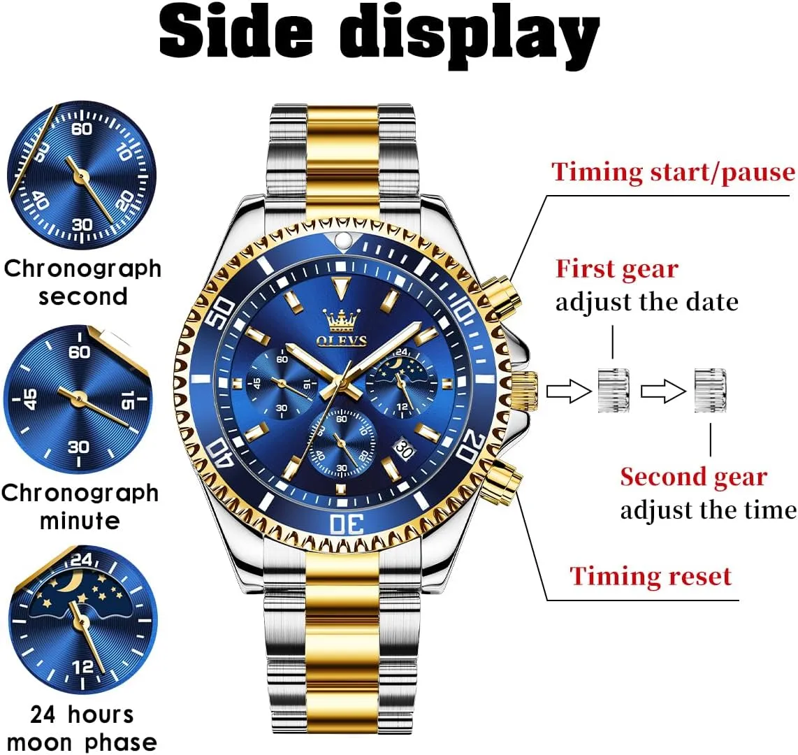 OLEVS Men's Waterproof Watches Stainless Steel Waterproof Chronograph Wrist Watches Luxury Dress White Luminous Big Face Analog Quartz Male Watches