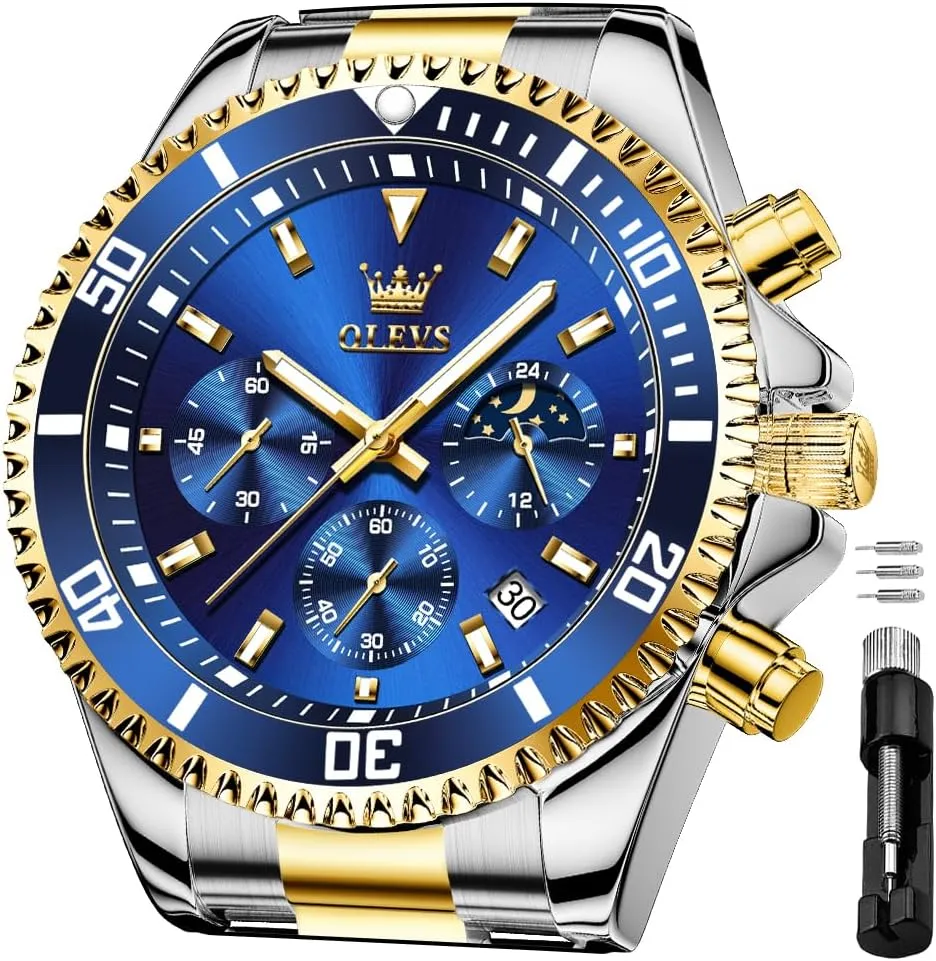 OLEVS Men's Waterproof Watches Stainless Steel Waterproof Chronograph Wrist Watches Luxury Dress White Luminous Big Face Analog Quartz Male Watches