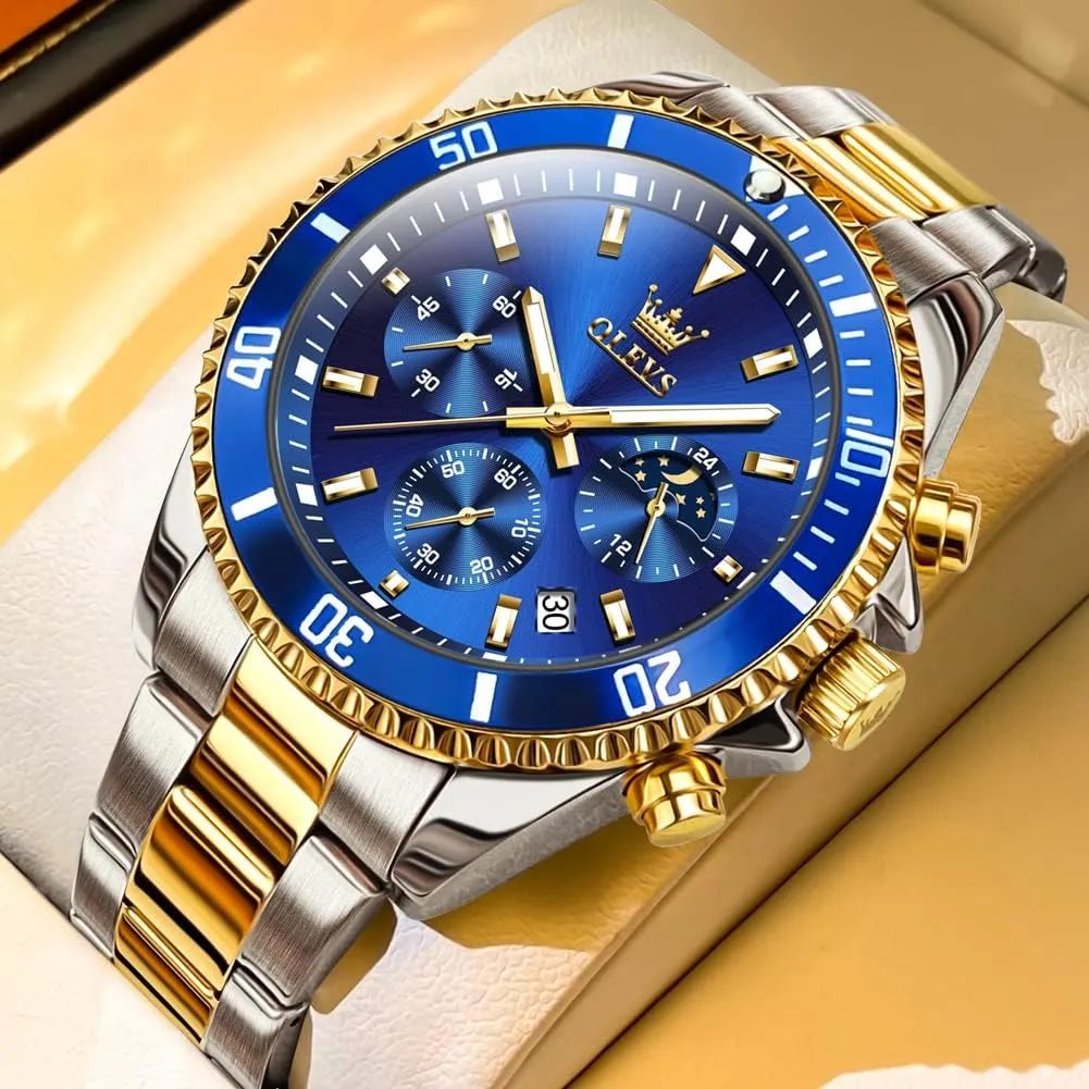 OLEVS Men's Waterproof Watches Stainless Steel Waterproof Chronograph Wrist Watches Luxury Dress White Luminous Big Face Analog Quartz Male Watches