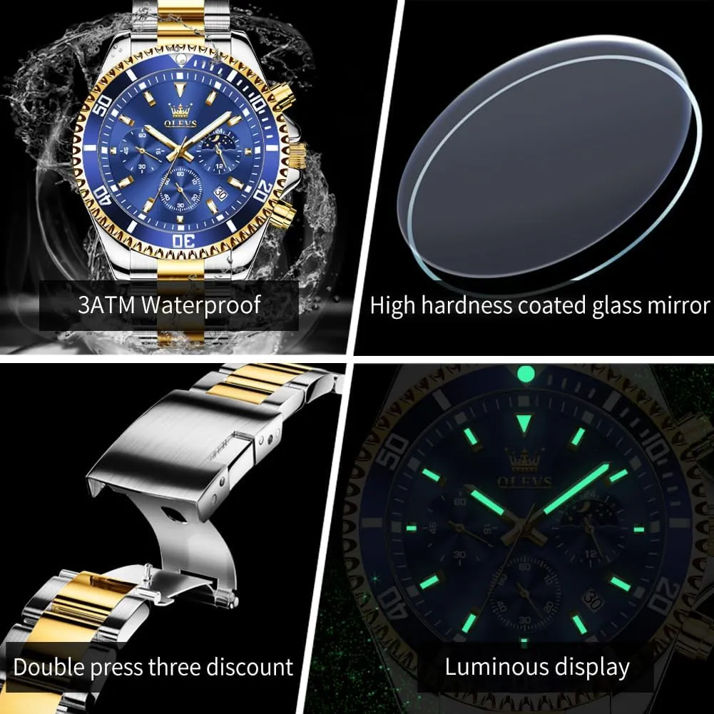 OLEVS Men's Waterproof Watches Stainless Steel Waterproof Chronograph Wrist Watches Luxury Dress White Luminous Big Face Analog Quartz Male Watches