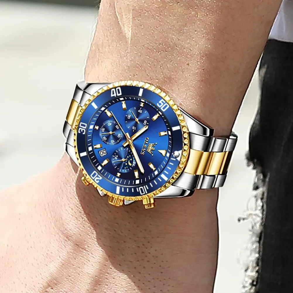 OLEVS Men's Waterproof Watches Stainless Steel Waterproof Chronograph Wrist Watches Luxury Dress White Luminous Big Face Analog Quartz Male Watches