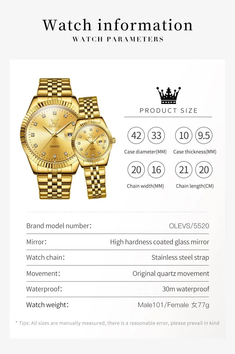 OLEVS Valentines Couple Pair Quartz Watches Luminous Calendar Date Business Dress Luxury His and Hers Wristwatch Waterproof Casual Stainless Steel Lovers Wedding Romantic Watches
