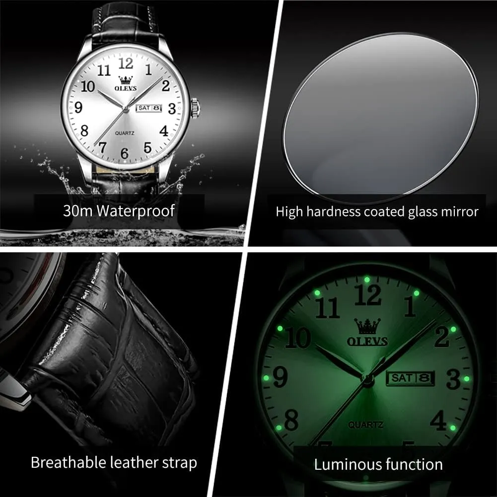 OLEVS Watch Men Mens Watches Watches for Men Leather Band Classic Brown Leather Watch Men, Analog Watch Men, Black Mens Leather Watch, Dress Waterproof Large Face Mens Watch,Relojes para Hombres Watch