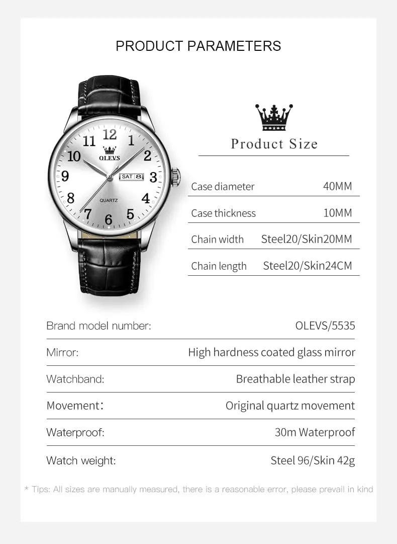 OLEVS Watch Men Mens Watches Watches for Men Leather Band Classic Brown Leather Watch Men, Analog Watch Men, Black Mens Leather Watch, Dress Waterproof Large Face Mens Watch,Relojes para Hombres Watch