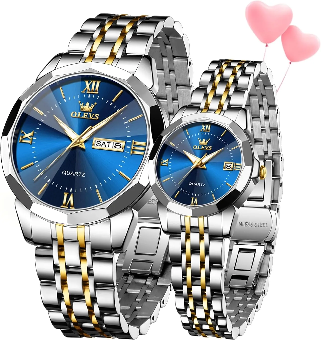 OLEVS Watches for Couple Luxury Fashion His and Hers Stainless Steel Calendar Date 3ATM Waterproof Luminous Wrist Watch for Men Women Lovers Wedding Dating Romantic Gift Set of 2