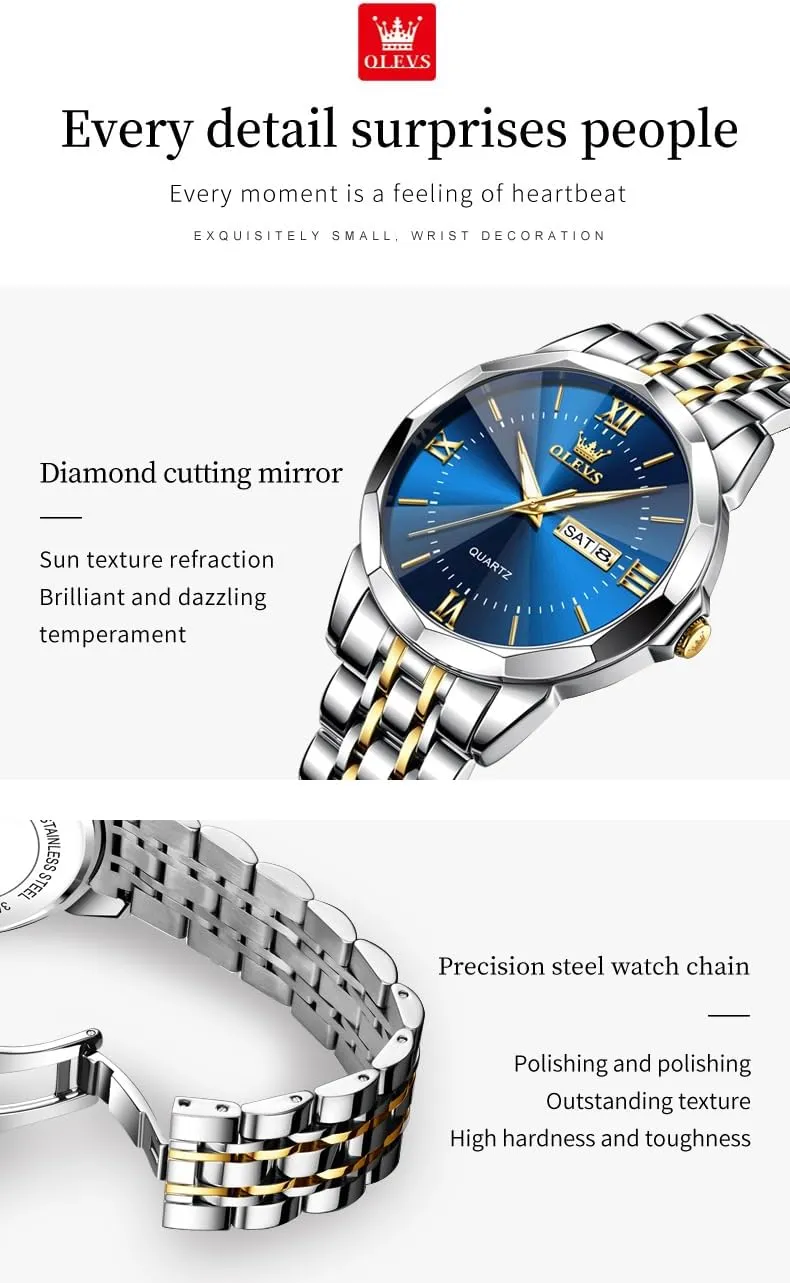 OLEVS Watches for Couple Luxury Fashion His and Hers Stainless Steel Calendar Date 3ATM Waterproof Luminous Wrist Watch for Men Women Lovers Wedding Dating Romantic Gift Set of 2