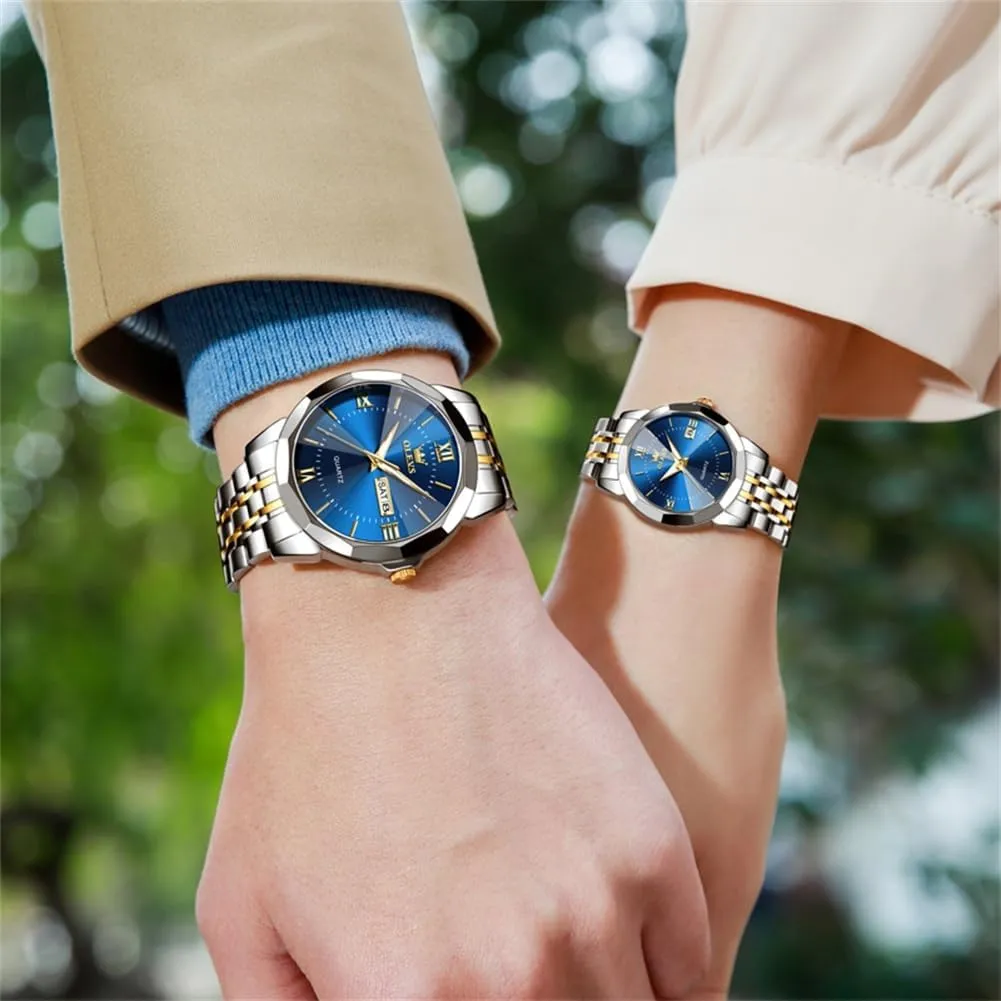OLEVS Watches for Couple Luxury Fashion His and Hers Stainless Steel Calendar Date 3ATM Waterproof Luminous Wrist Watch for Men Women Lovers Wedding Dating Romantic Gift Set of 2
