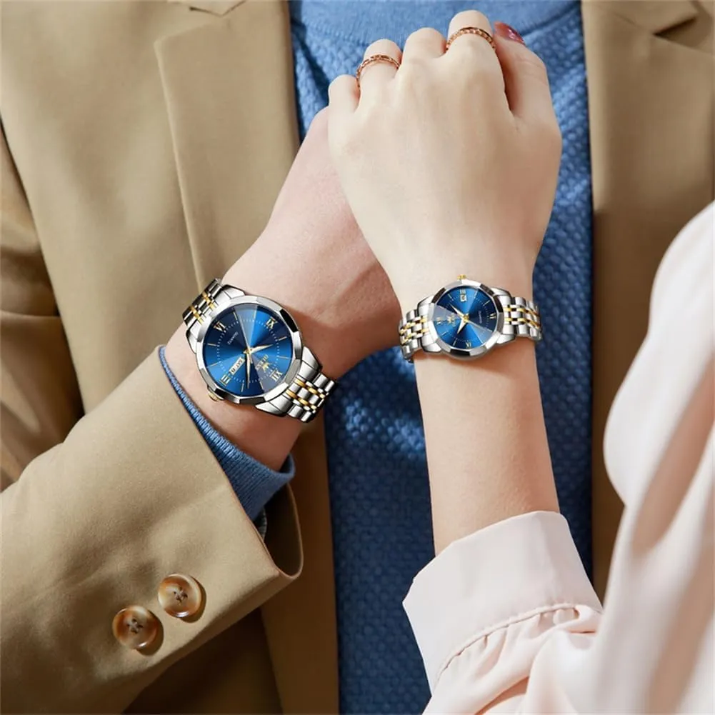 OLEVS Watches for Couple Luxury Fashion His and Hers Stainless Steel Calendar Date 3ATM Waterproof Luminous Wrist Watch for Men Women Lovers Wedding Dating Romantic Gift Set of 2