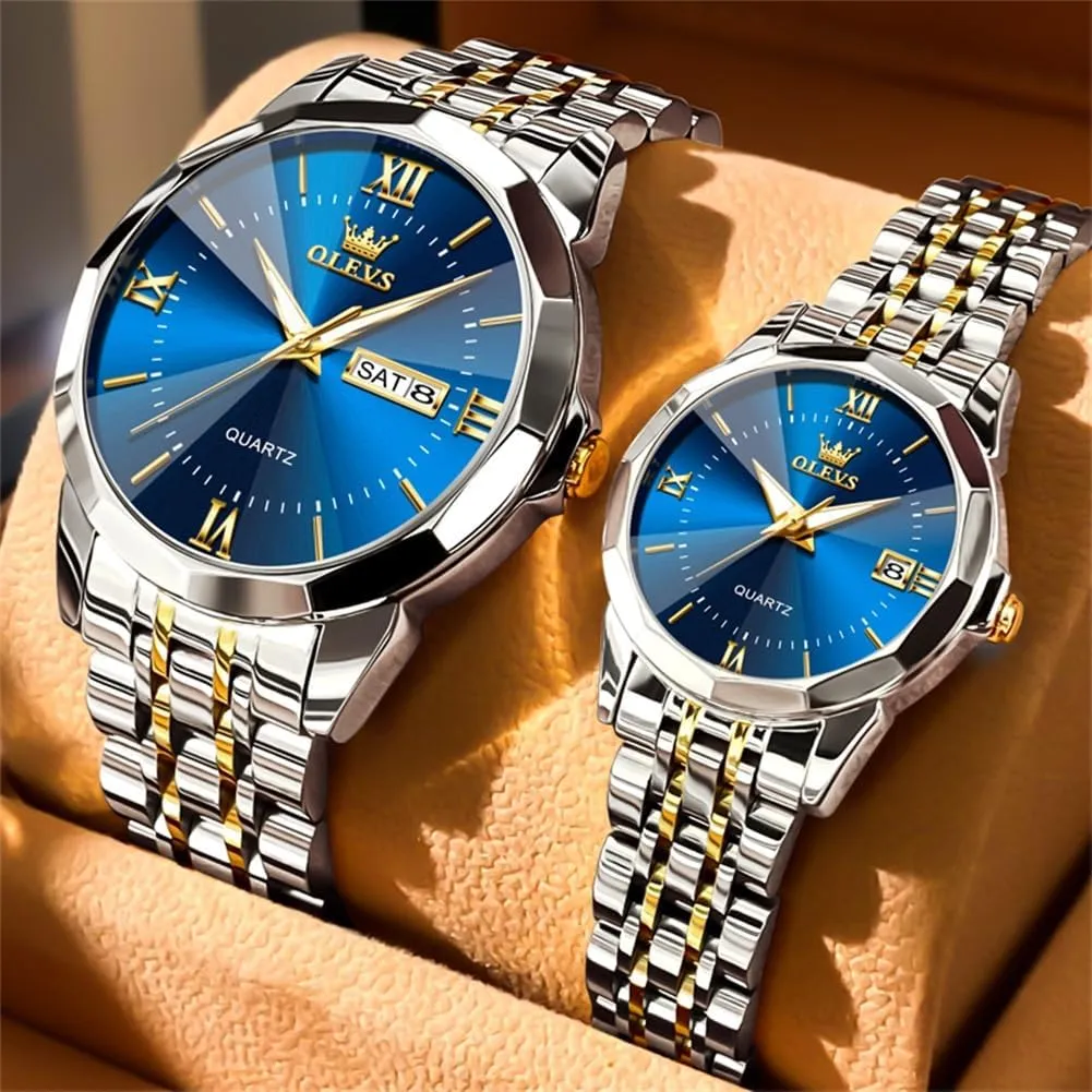 OLEVS Watches for Couple Luxury Fashion His and Hers Stainless Steel Calendar Date 3ATM Waterproof Luminous Wrist Watch for Men Women Lovers Wedding Dating Romantic Gift Set of 2