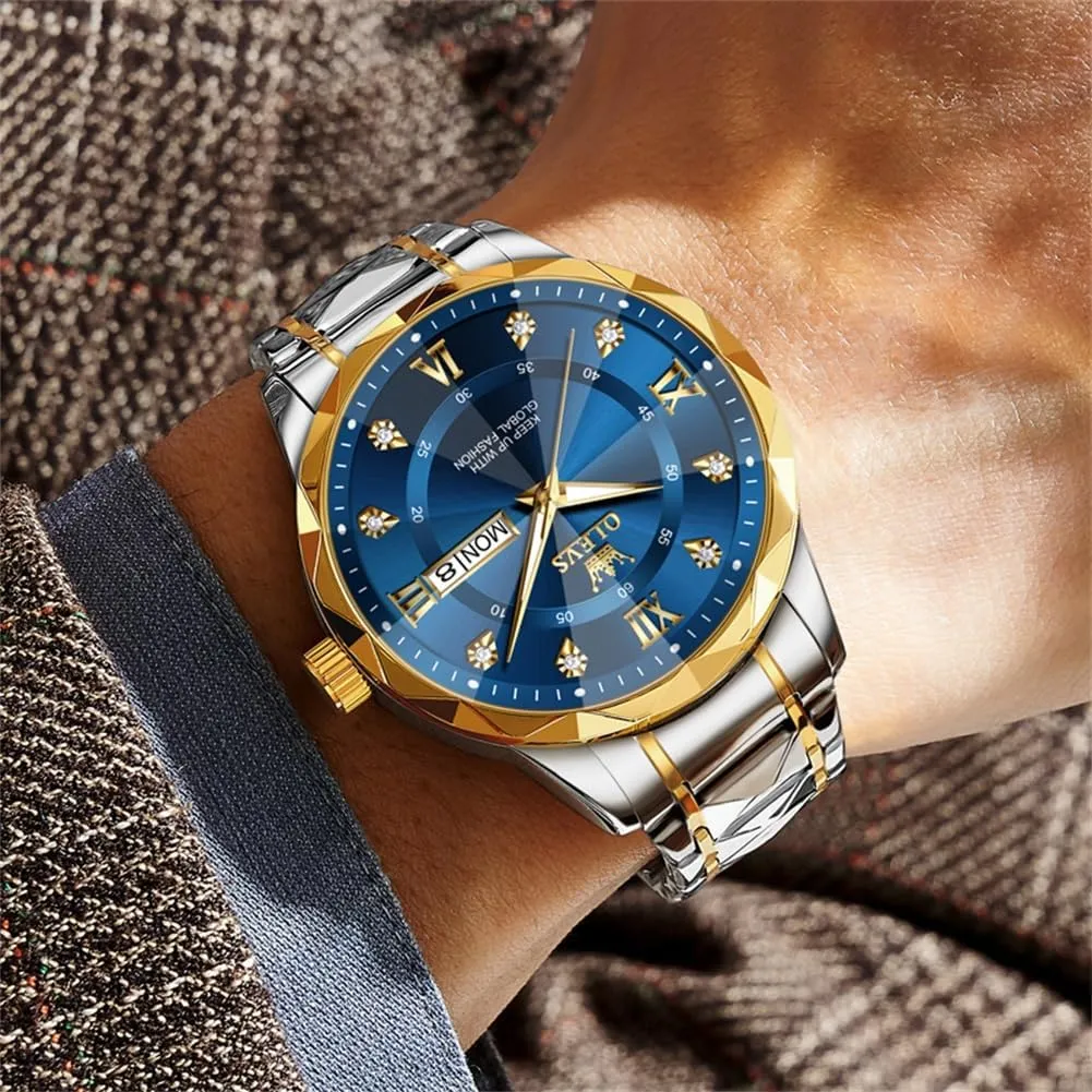 OLEVS Watches for Men Luxury Diamond Casual Large Dial Watches Stainless Steel Waterproof Business Dress Analog Luminous Date Mens Watches