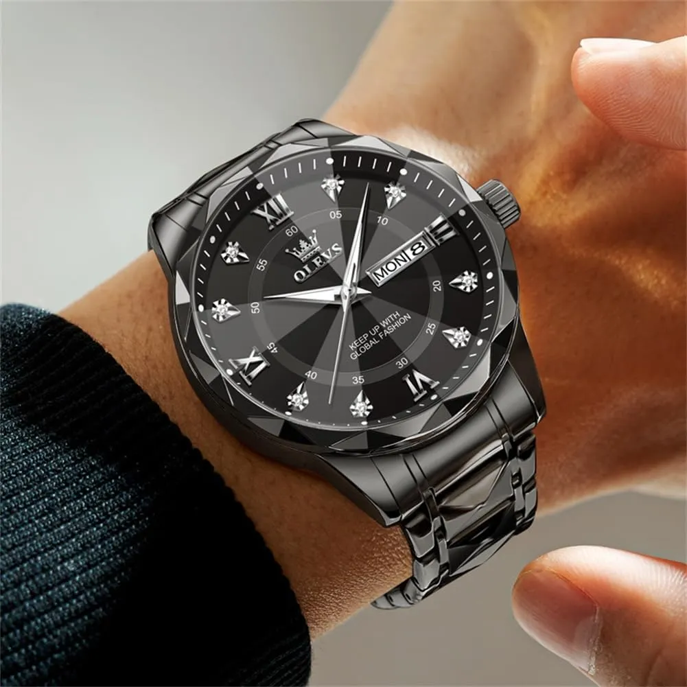 OLEVS Watches for Men Luxury Diamond Casual Large Dial Watches Stainless Steel Waterproof Business Dress Analog Luminous Date Mens Watches