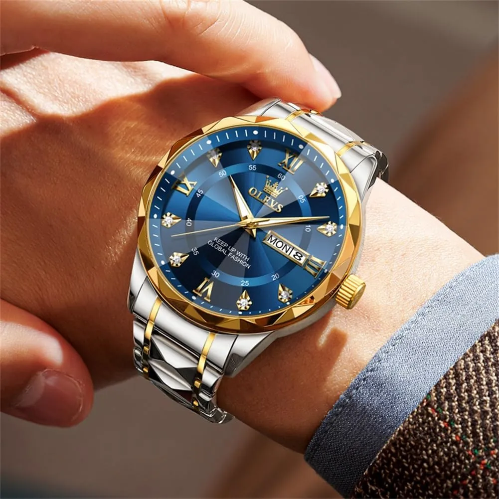 OLEVS Watches for Men Luxury Diamond Casual Large Dial Watches Stainless Steel Waterproof Business Dress Analog Luminous Date Mens Watches