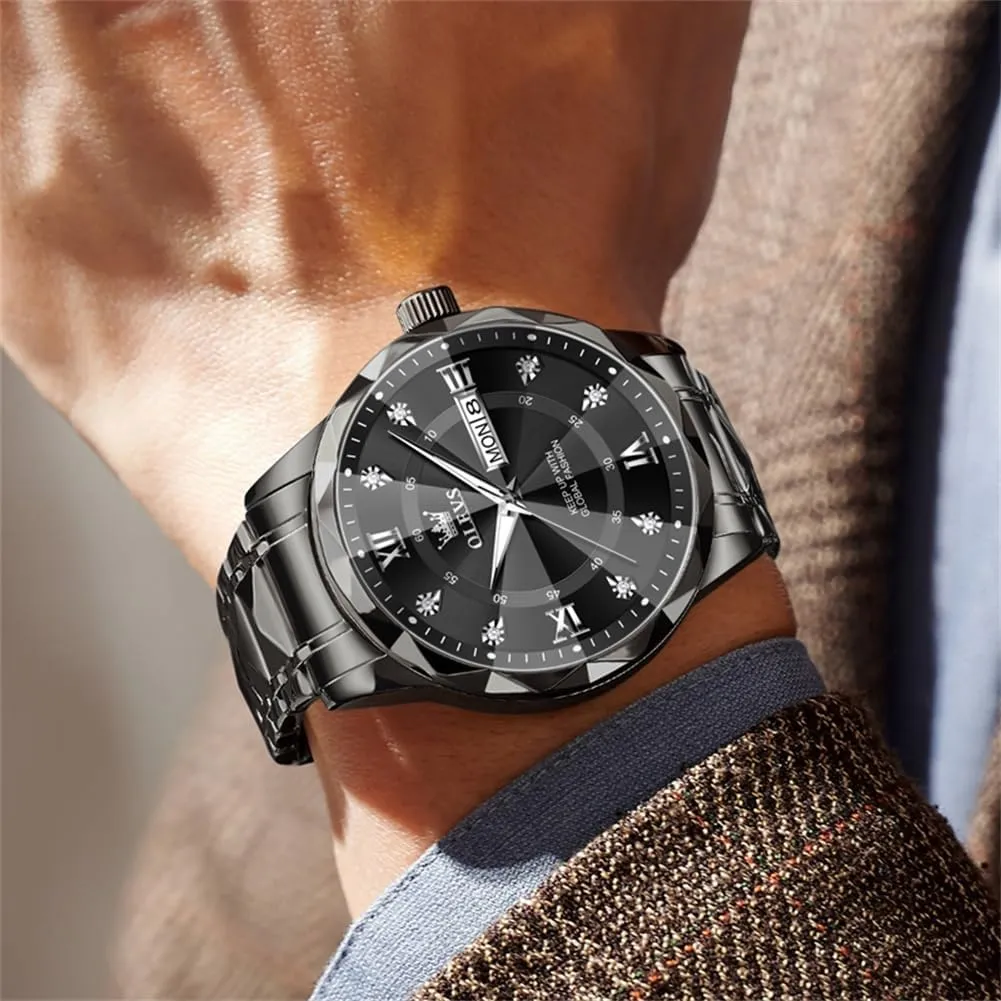 OLEVS Watches for Men Luxury Diamond Casual Large Dial Watches Stainless Steel Waterproof Business Dress Analog Luminous Date Mens Watches