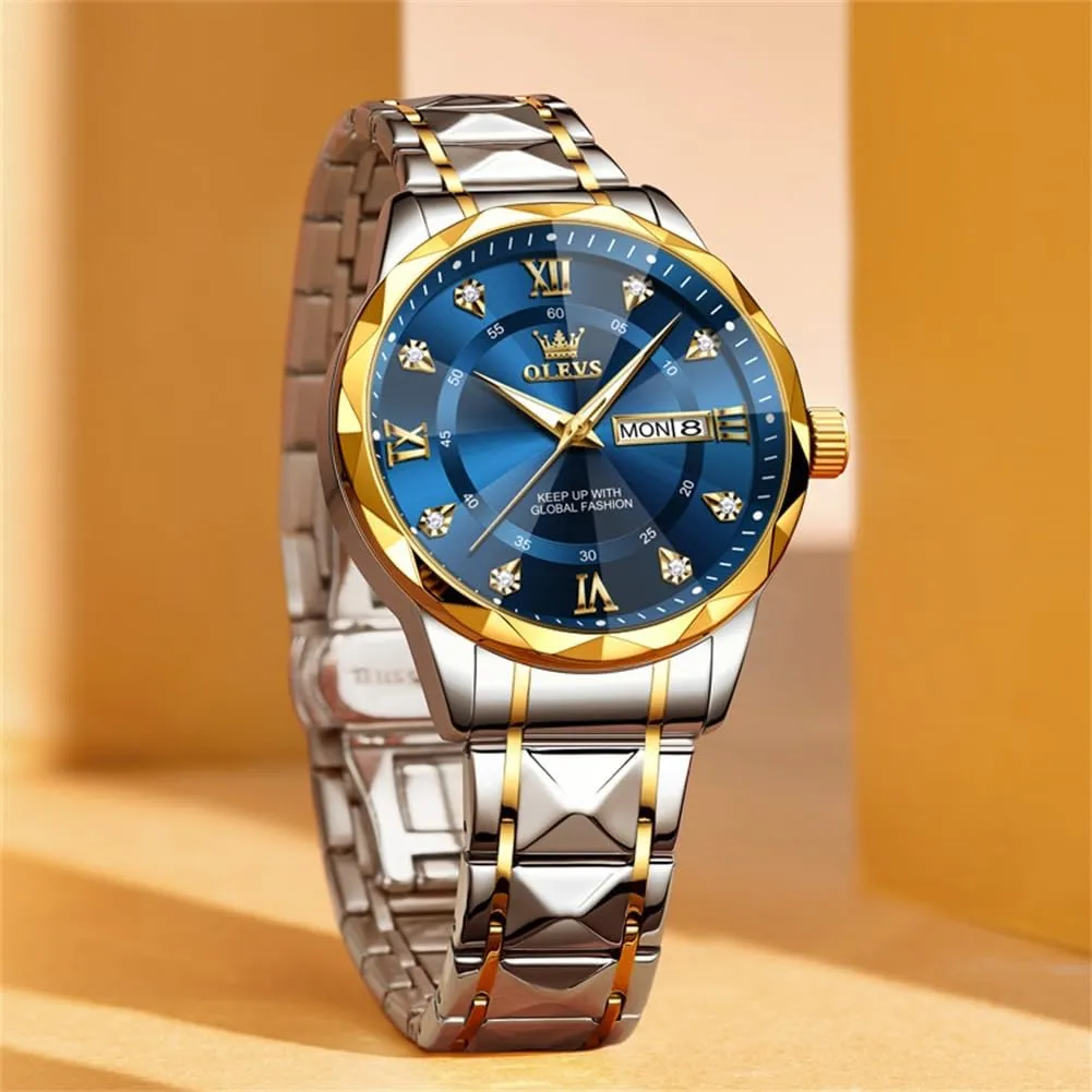 OLEVS Watches for Men Luxury Diamond Casual Large Dial Watches Stainless Steel Waterproof Business Dress Analog Luminous Date Mens Watches