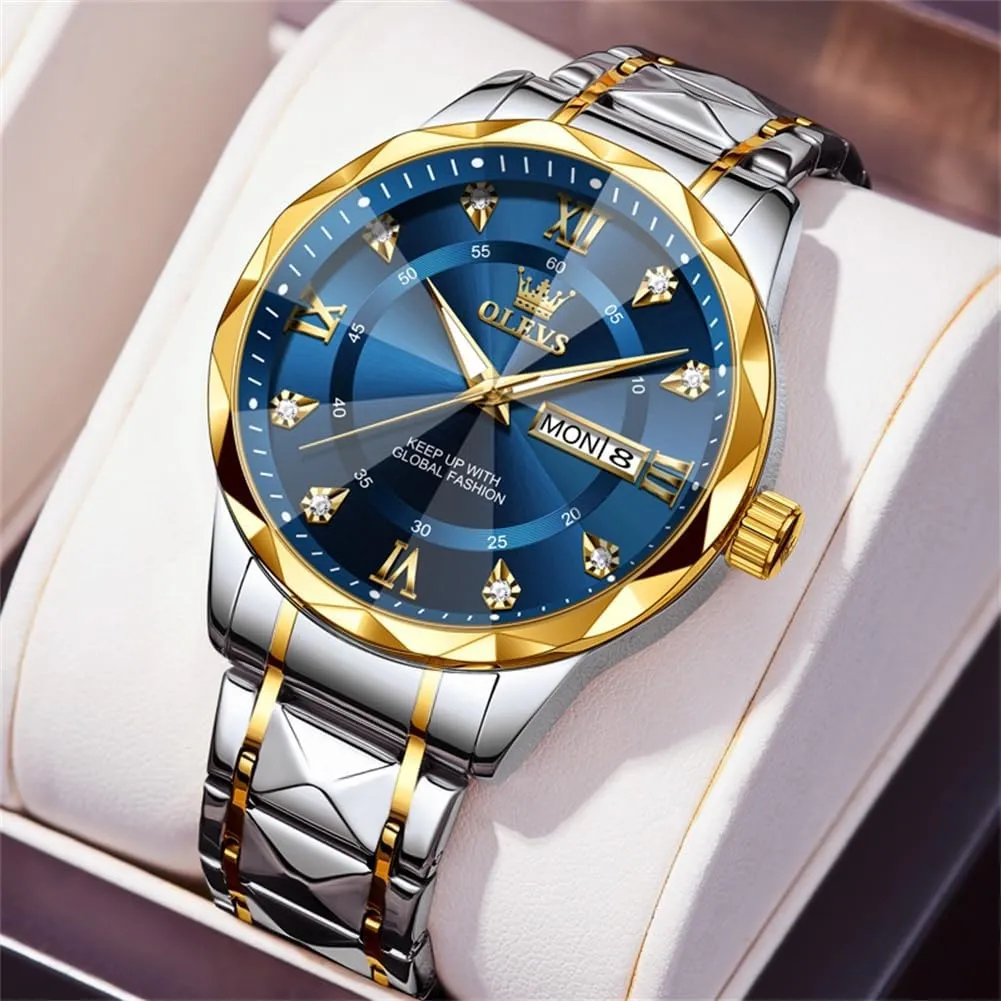 OLEVS Watches for Men Luxury Diamond Casual Large Dial Watches Stainless Steel Waterproof Business Dress Analog Luminous Date Mens Watches