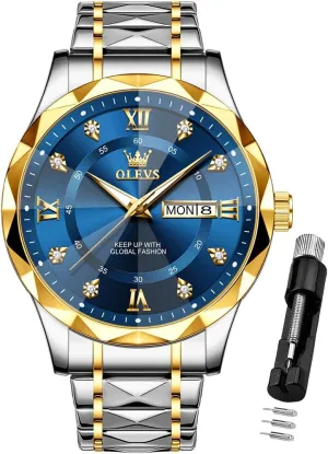 OLEVS Watches for Men Luxury Diamond Casual Large Dial Watches Stainless Steel Waterproof Business Dress Analog Luminous Date Mens Watches