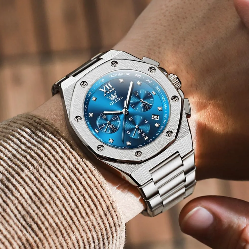 OLEVS Watches for Men Stainless Steel Business Dress Large Easy to Read Analog Watch Waterproof Luminous Casual Luxury Men Watch