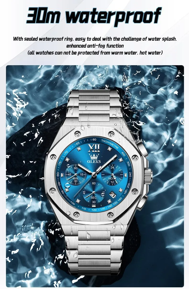 OLEVS Watches for Men Stainless Steel Business Dress Large Easy to Read Analog Watch Waterproof Luminous Casual Luxury Men Watch