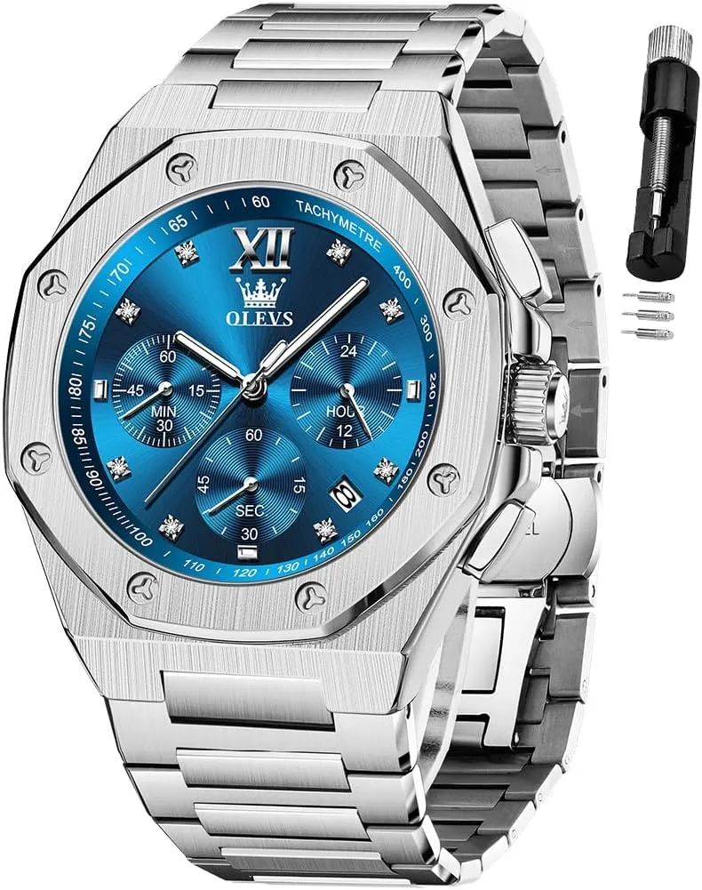 OLEVS Watches for Men Stainless Steel Business Dress Large Easy to Read Analog Watch Waterproof Luminous Casual Luxury Men Watch