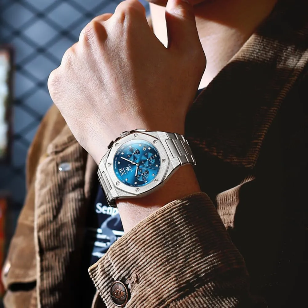 OLEVS Watches for Men Stainless Steel Business Dress Large Easy to Read Analog Watch Waterproof Luminous Casual Luxury Men Watch