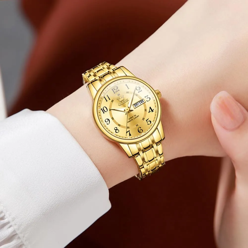 OLEVS Watches for Women, Womens Silver Dress Waterproof Two Tone Analog Stainless Steel Luxury Fashion Arabic Numerals Dainty Watch, Ladies Watches for Small Wrists with Date Gold Black Number Dial