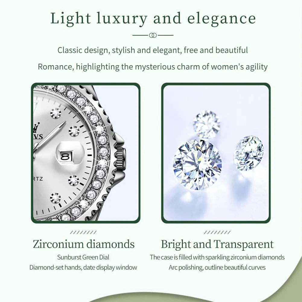 OLEVS Watches Women with Date Silver Stainless Steel Luxury Ladies Watches with Small Writs Diamond Watches for Women Waterproof Elegant Dress Quartz Analog Women's Wrist Watches Reloj de Mujer
