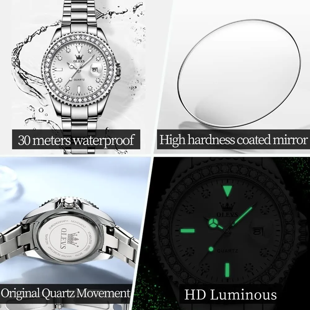 OLEVS Watches Women with Date Silver Stainless Steel Luxury Ladies Watches with Small Writs Diamond Watches for Women Waterproof Elegant Dress Quartz Analog Women's Wrist Watches Reloj de Mujer