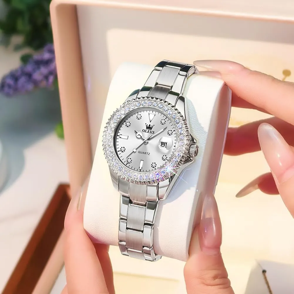 OLEVS Watches Women with Date Silver Stainless Steel Luxury Ladies Watches with Small Writs Diamond Watches for Women Waterproof Elegant Dress Quartz Analog Women's Wrist Watches Reloj de Mujer