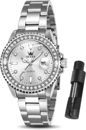 OLEVS Watches Women with Date Silver Stainless Steel Luxury Ladies Watches with Small Writs Diamond Watches for Women Waterproof Elegant Dress Quartz Analog Women's Wrist Watches Reloj de Mujer