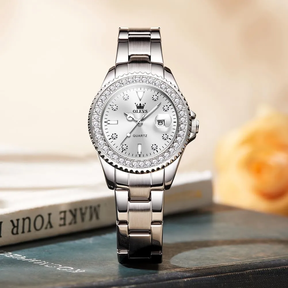 OLEVS Watches Women with Date Silver Stainless Steel Luxury Ladies Watches with Small Writs Diamond Watches for Women Waterproof Elegant Dress Quartz Analog Women's Wrist Watches Reloj de Mujer