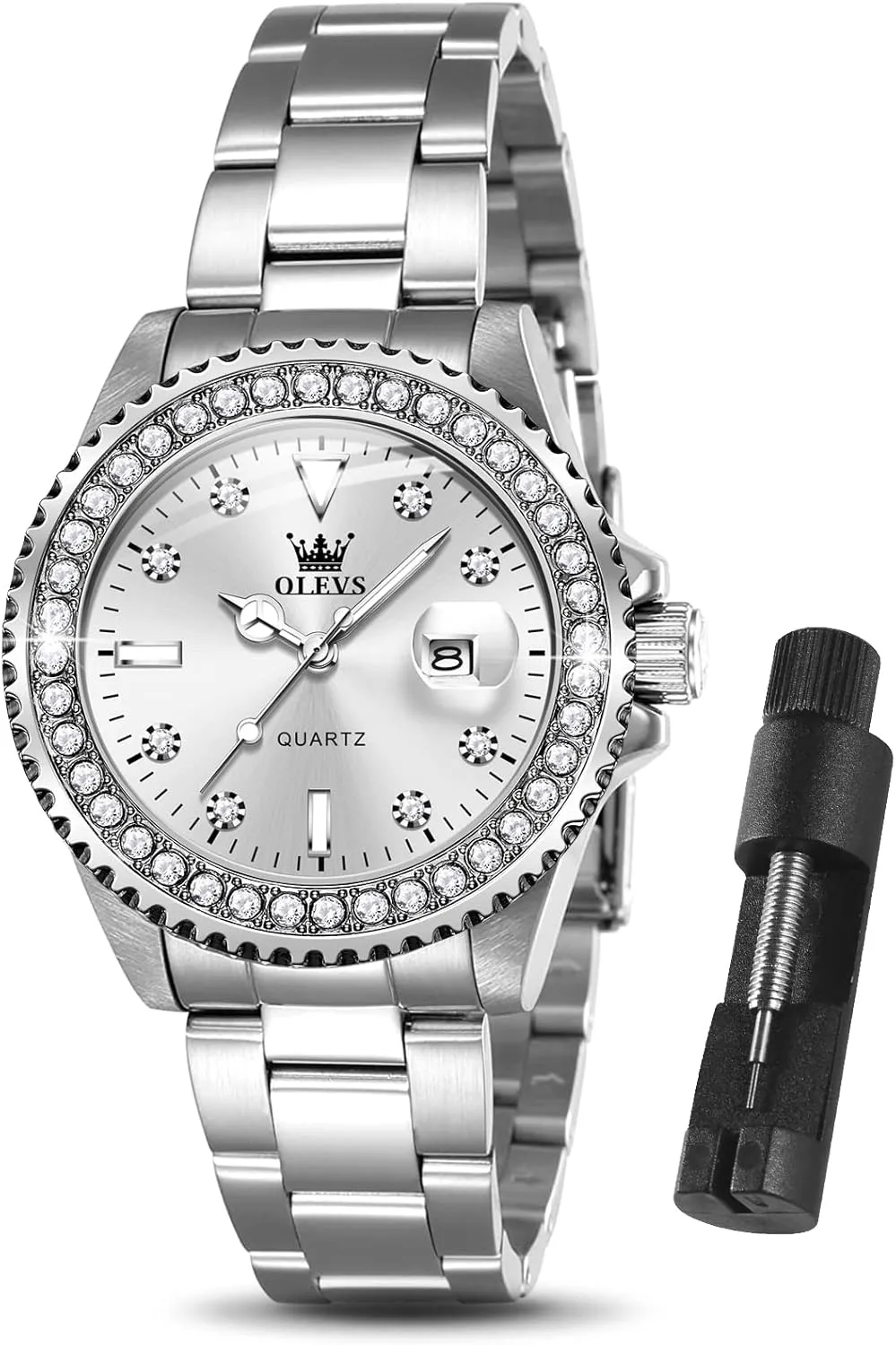 OLEVS Watches Women with Date Silver Stainless Steel Luxury Ladies Watches with Small Writs Diamond Watches for Women Waterproof Elegant Dress Quartz Analog Women's Wrist Watches Reloj de Mujer