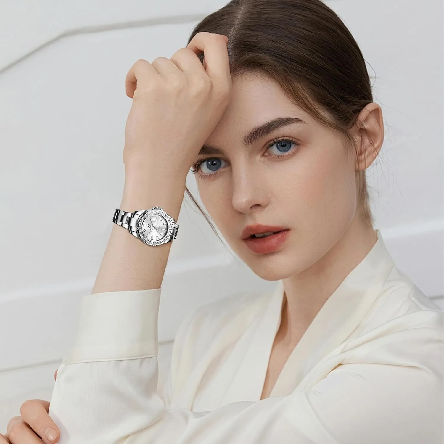 OLEVS Watches Women with Date Silver Stainless Steel Luxury Ladies Watches with Small Writs Diamond Watches for Women Waterproof Elegant Dress Quartz Analog Women's Wrist Watches Reloj de Mujer