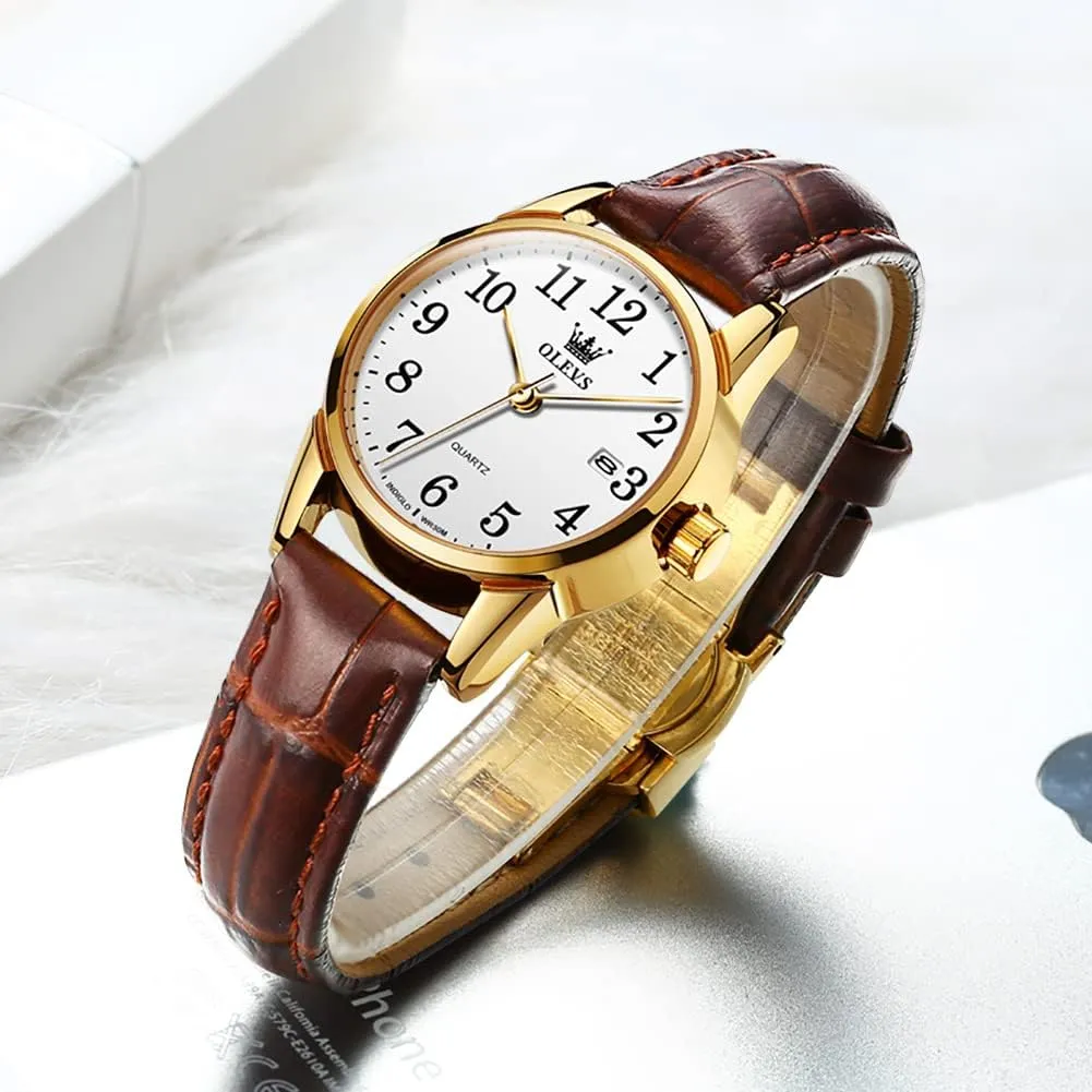 OLEVS Womens Leather Watch, Brown Womens Watches Leather Band Waterproof Analog Dainty Womens Ladies Watch for Small Wrists, Easy Read Luxury Dress Watches for Women Arabic Numbers White/Blue/Black