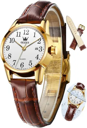 OLEVS Womens Leather Watch, Brown Womens Watches Leather Band Waterproof Analog Dainty Womens Ladies Watch for Small Wrists, Easy Read Luxury Dress Watches for Women Arabic Numbers White/Blue/Black