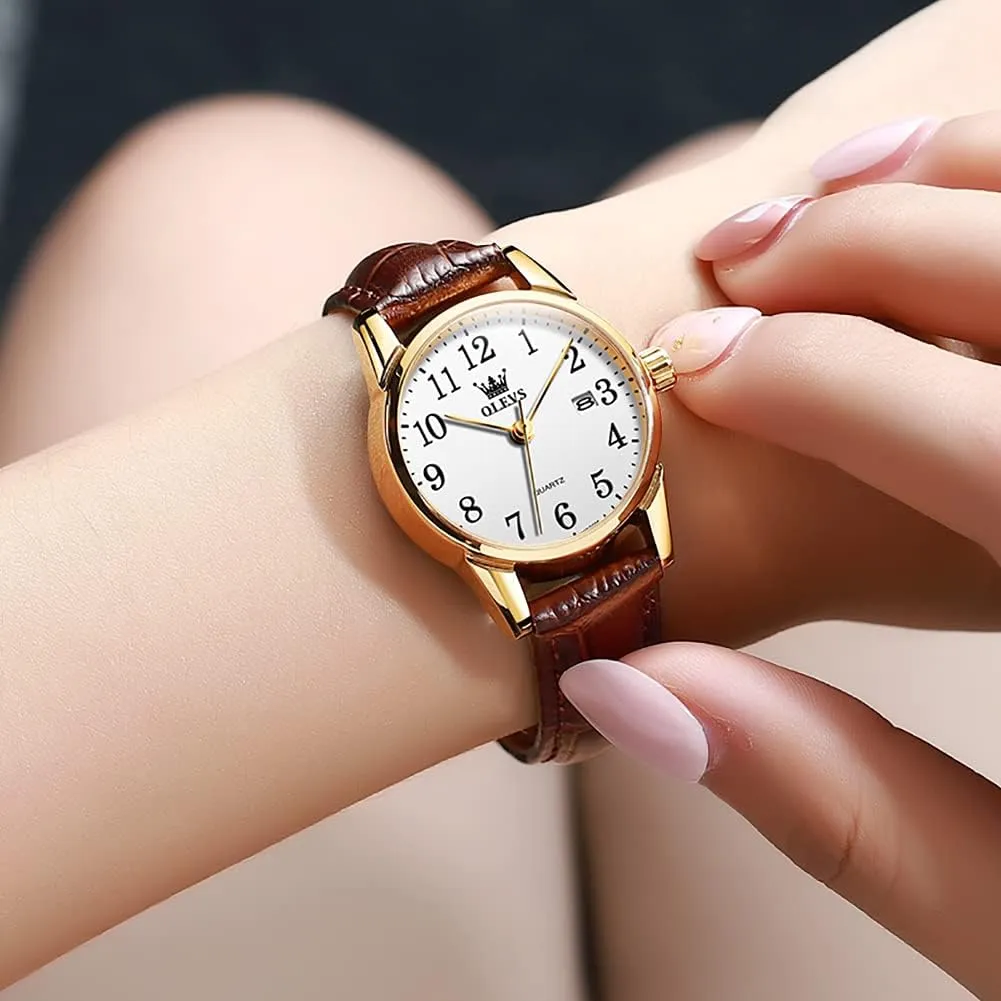 OLEVS Womens Leather Watch, Brown Womens Watches Leather Band Waterproof Analog Dainty Womens Ladies Watch for Small Wrists, Easy Read Luxury Dress Watches for Women Arabic Numbers White/Blue/Black