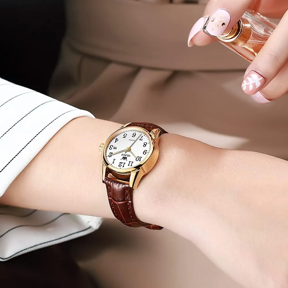 OLEVS Womens Leather Watch, Brown Womens Watches Leather Band Waterproof Analog Dainty Womens Ladies Watch for Small Wrists, Easy Read Luxury Dress Watches for Women Arabic Numbers White/Blue/Black