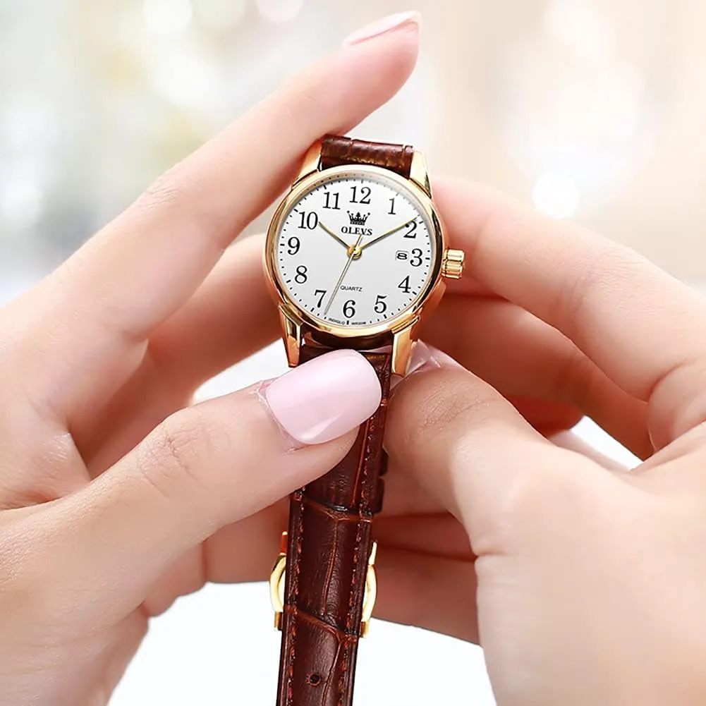 OLEVS Womens Leather Watch, Brown Womens Watches Leather Band Waterproof Analog Dainty Womens Ladies Watch for Small Wrists, Easy Read Luxury Dress Watches for Women Arabic Numbers White/Blue/Black