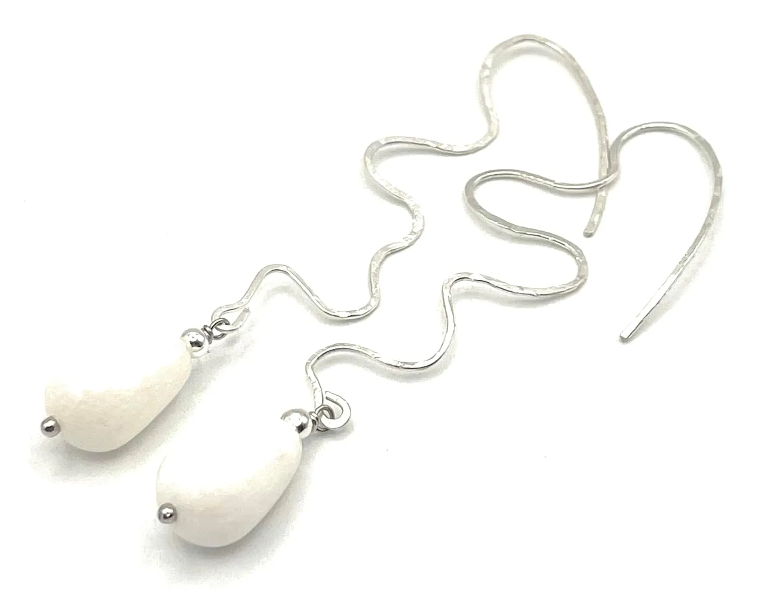 Open Wire Earrings with White Jade Drops, Hammered 925 Sterling Silver, Large Dangle Earrings, Minimalist Jewelry, Gift for Women