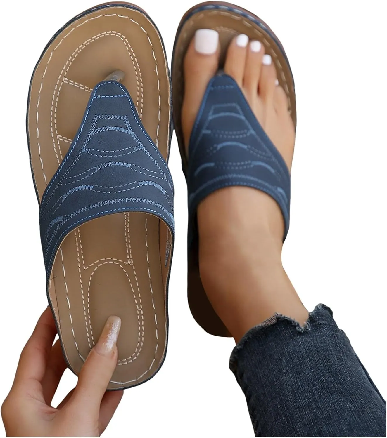 Orthopedic Sandals for Women Arch Support Thong Flip-Flops Ladies Lightweight Slides Slippers for Plantar Fasciitis Open Toe Slip on Sandals Comfortable Walking Sandals Casual Beach Wedges