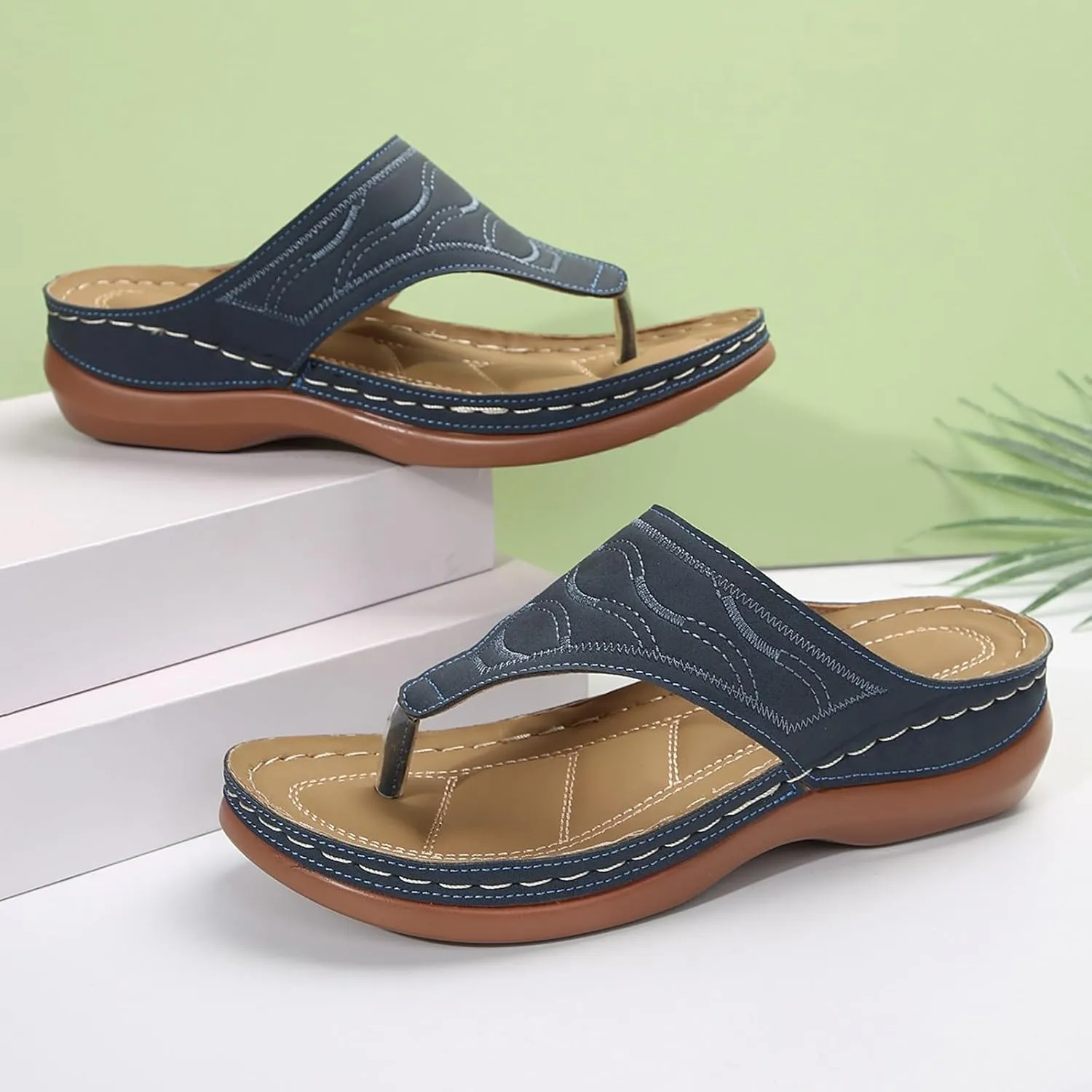 Orthopedic Sandals for Women Arch Support Thong Flip-Flops Ladies Lightweight Slides Slippers for Plantar Fasciitis Open Toe Slip on Sandals Comfortable Walking Sandals Casual Beach Wedges