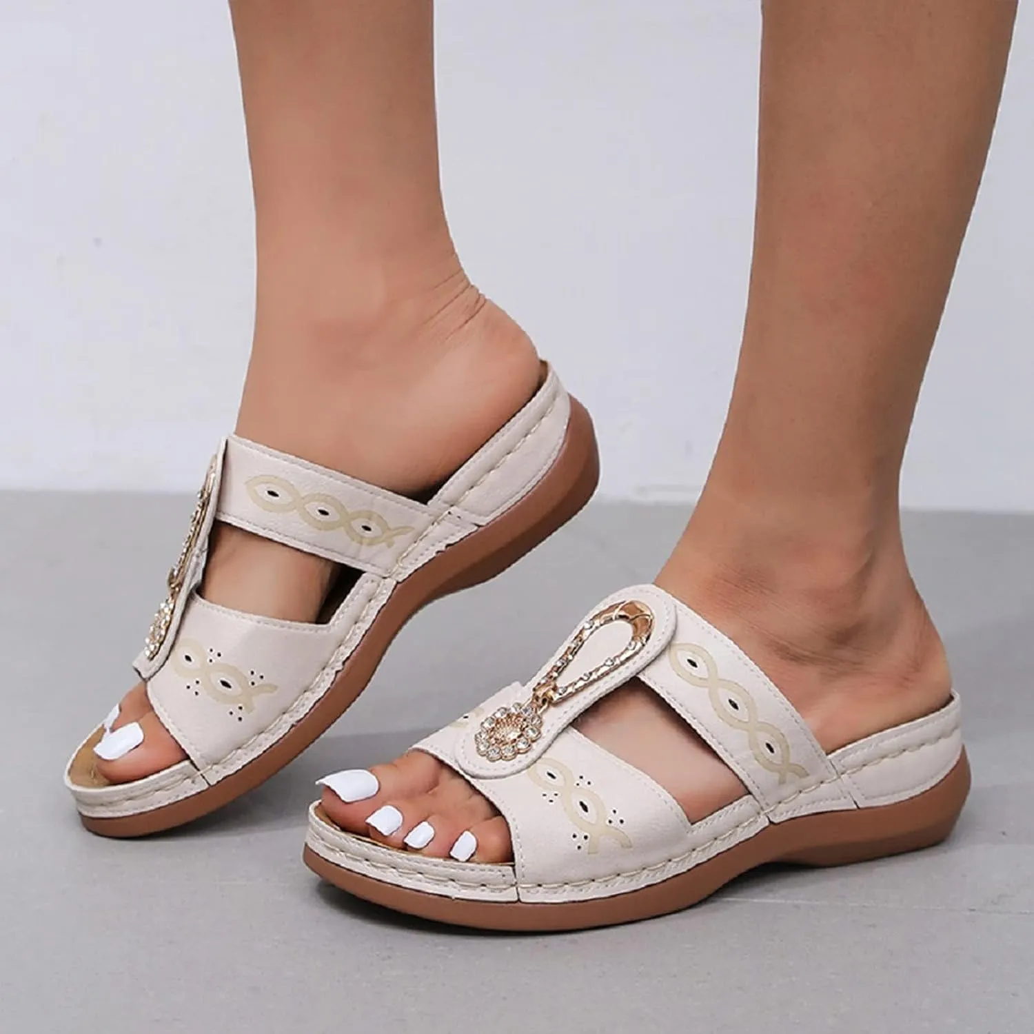 Orthopedic Sandals for Women Arch Support Wedge Sandals, Fashion Rhinestone Beaded Bohemian Sandal Platform Slip On Slippers Walking Comfortable Slides Beach Shoes