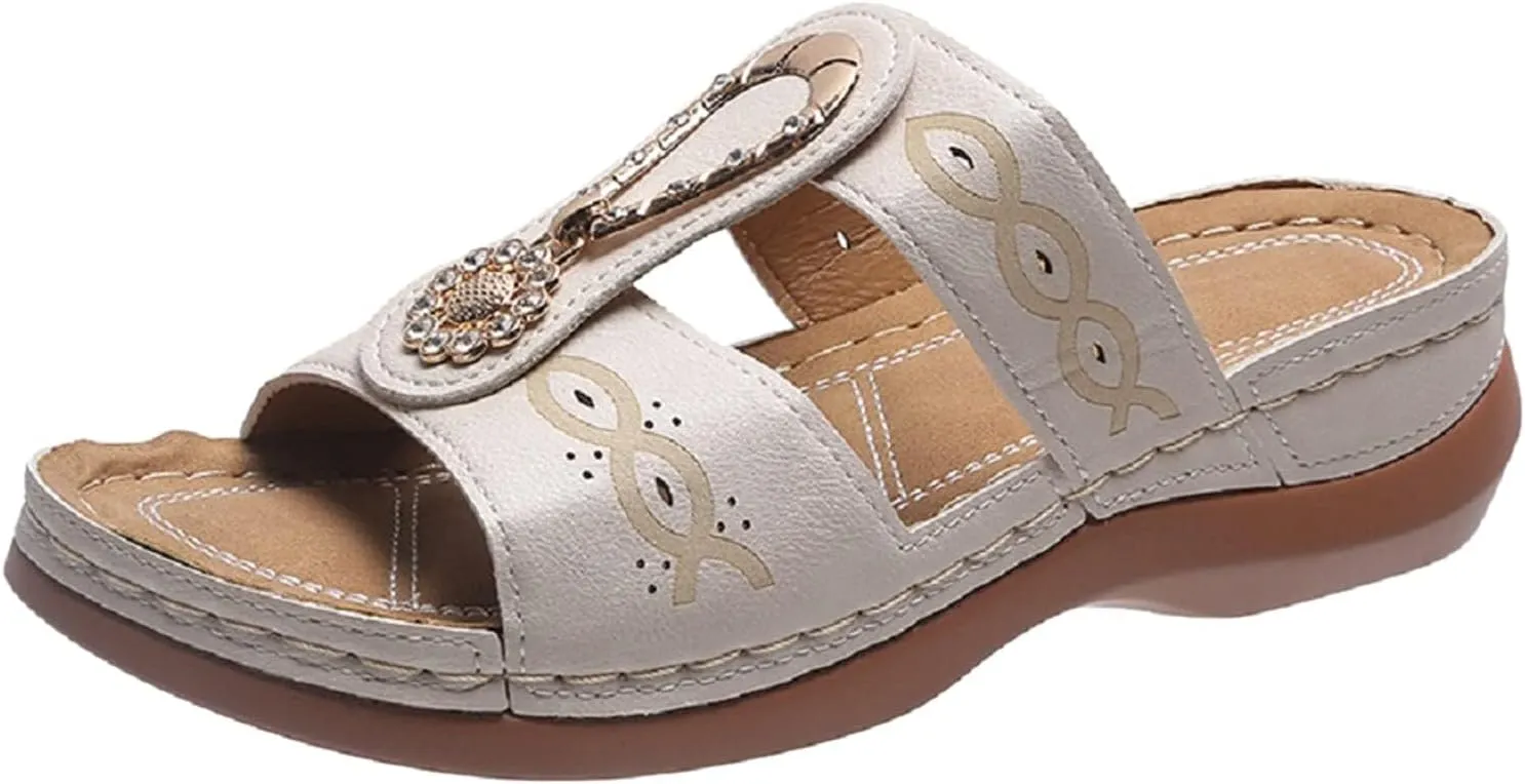 Orthopedic Sandals for Women Arch Support Wedge Sandals, Fashion Rhinestone Beaded Bohemian Sandal Platform Slip On Slippers Walking Comfortable Slides Beach Shoes