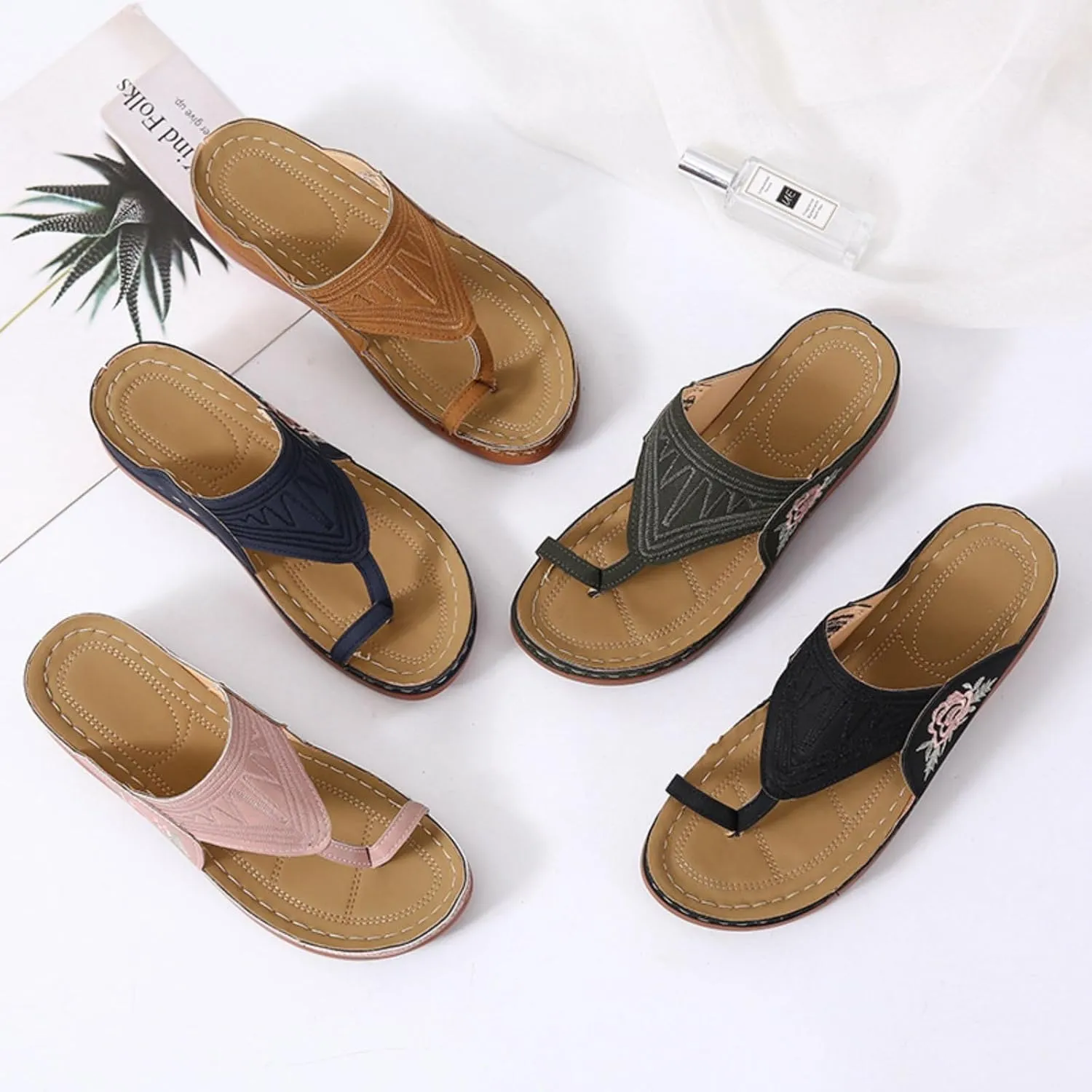 Orthopedic Wedge Sandals for Women Wide Width Comfort Orthotic Flip Flops, Casual Summer Ring Toe Platform Sandals Comfortable Slip On Beach Walking Shoes