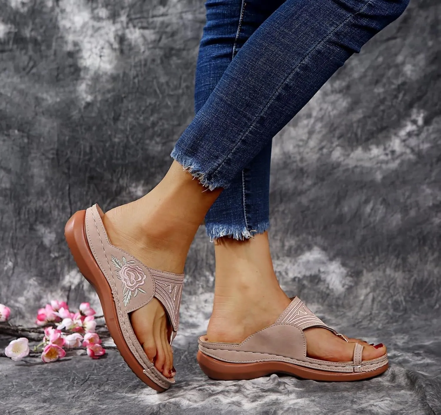 Orthopedic Wedge Sandals for Women Wide Width Comfort Orthotic Flip Flops, Casual Summer Ring Toe Platform Sandals Comfortable Slip On Beach Walking Shoes