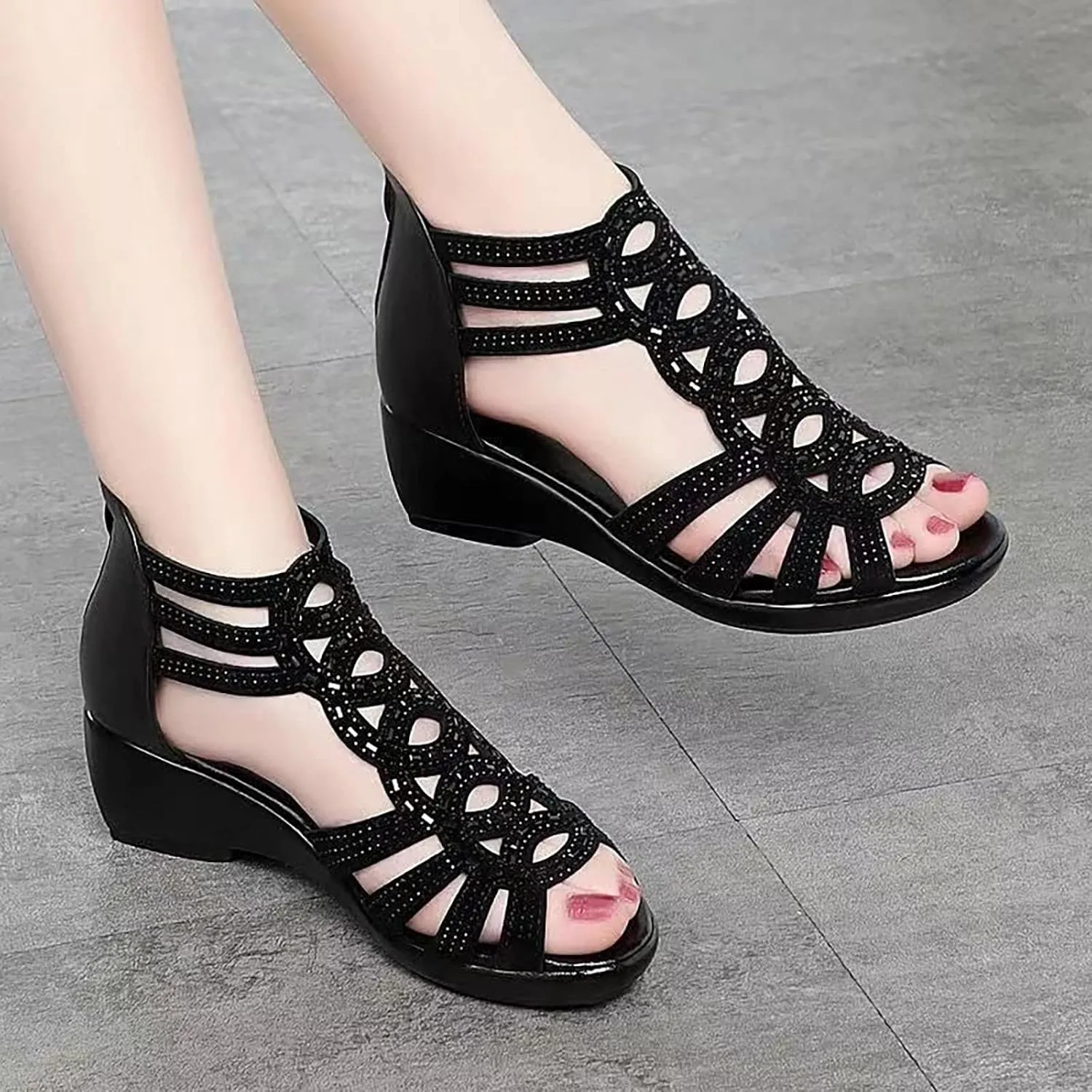Orthopedic Women's Sandals Low Heel Open Toe with Arch Support Back Zipper Hot Summer Casual Beach Shoes