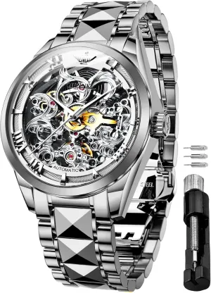 OUPINKE Men's Skeleton Mechanical Watches Luxury Dress Automatic Self Winding Sapphire Crystal Waterproof Tungsten Steel Band Wrist Watches