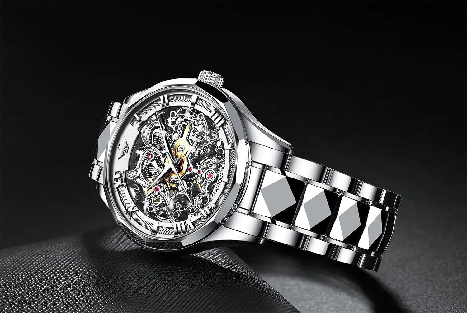 OUPINKE Men's Skeleton Mechanical Watches Luxury Dress Automatic Self Winding Sapphire Crystal Waterproof Tungsten Steel Band Wrist Watches